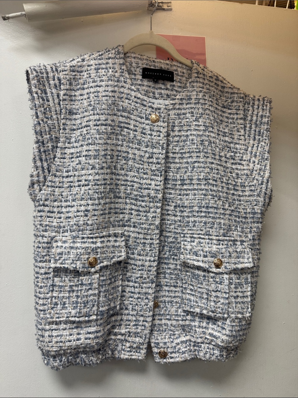 Short sleeve Tweed Vest Jacket - Blue & White